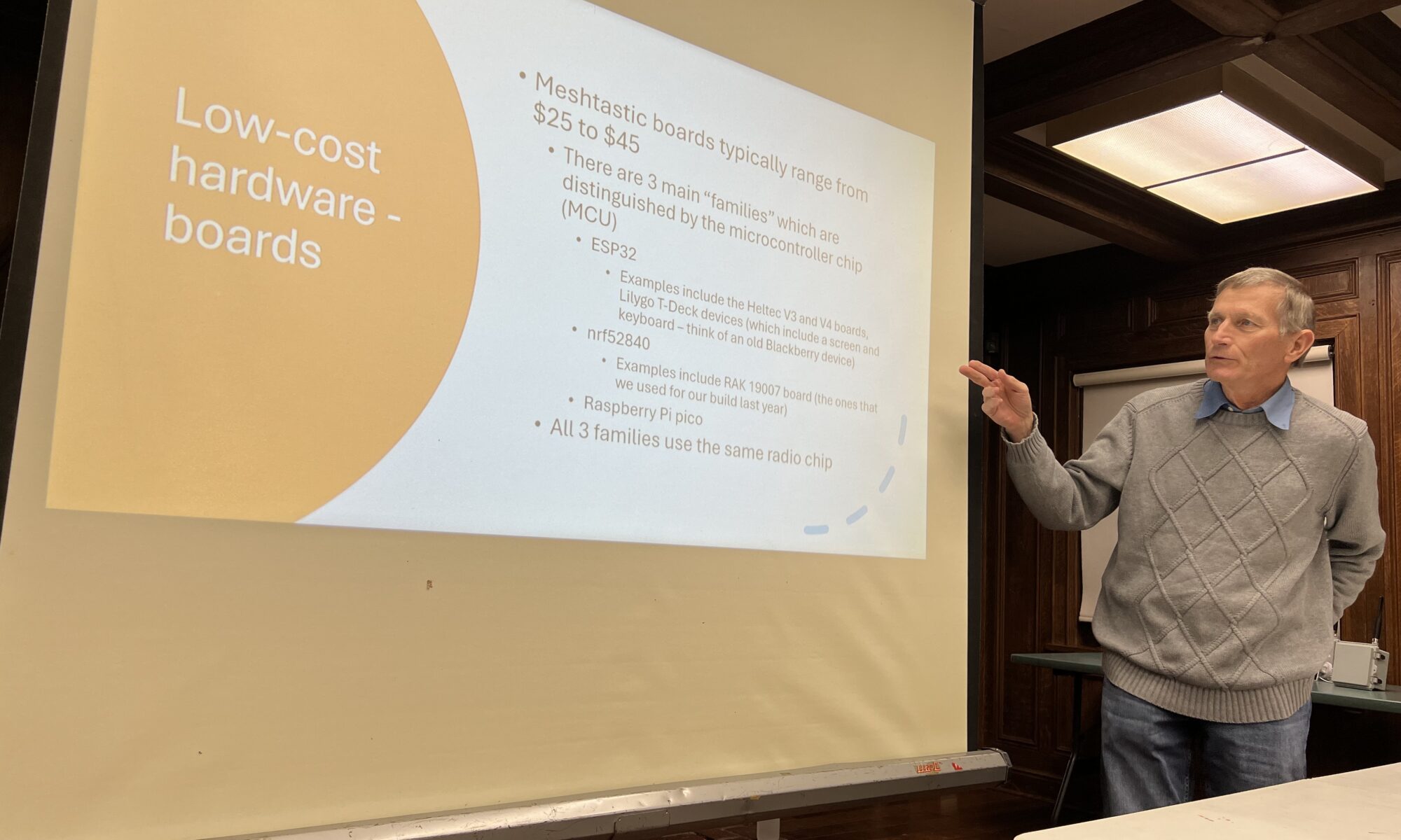 Tom, KE6SRO with a slide about Meshtastic hardware options